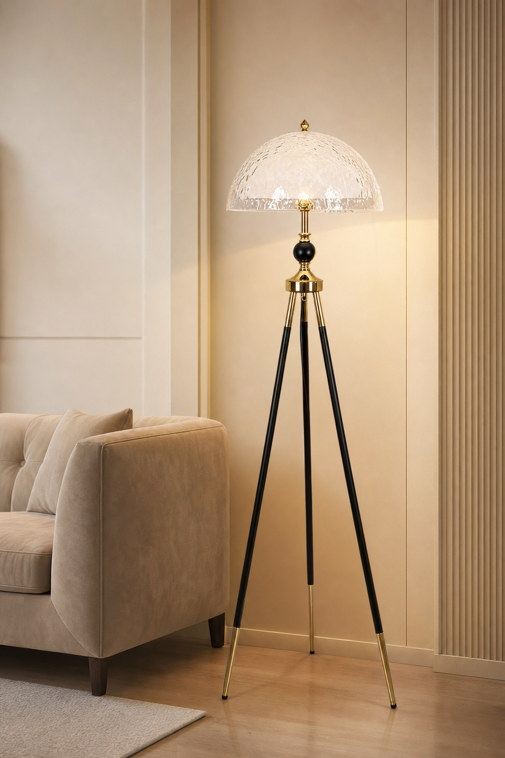 Clear Textured Dome Tripod Floor Lamp, Black & Gold Legs