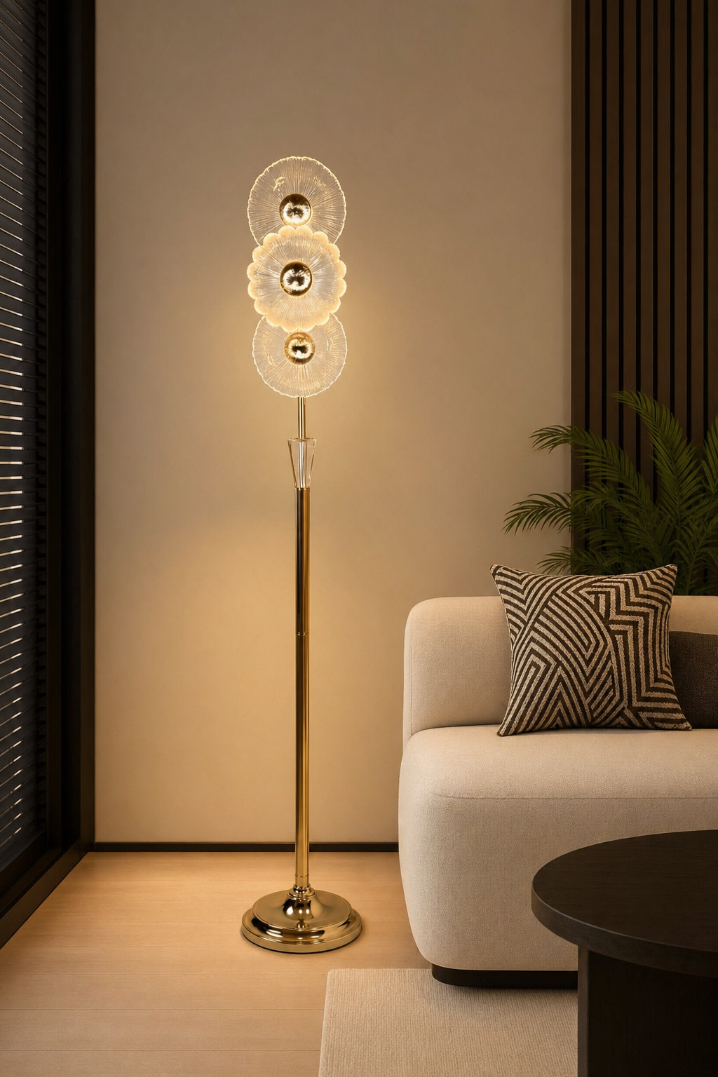 Triple Acrylic Flower-disc Floor Lamp on Gold Stand