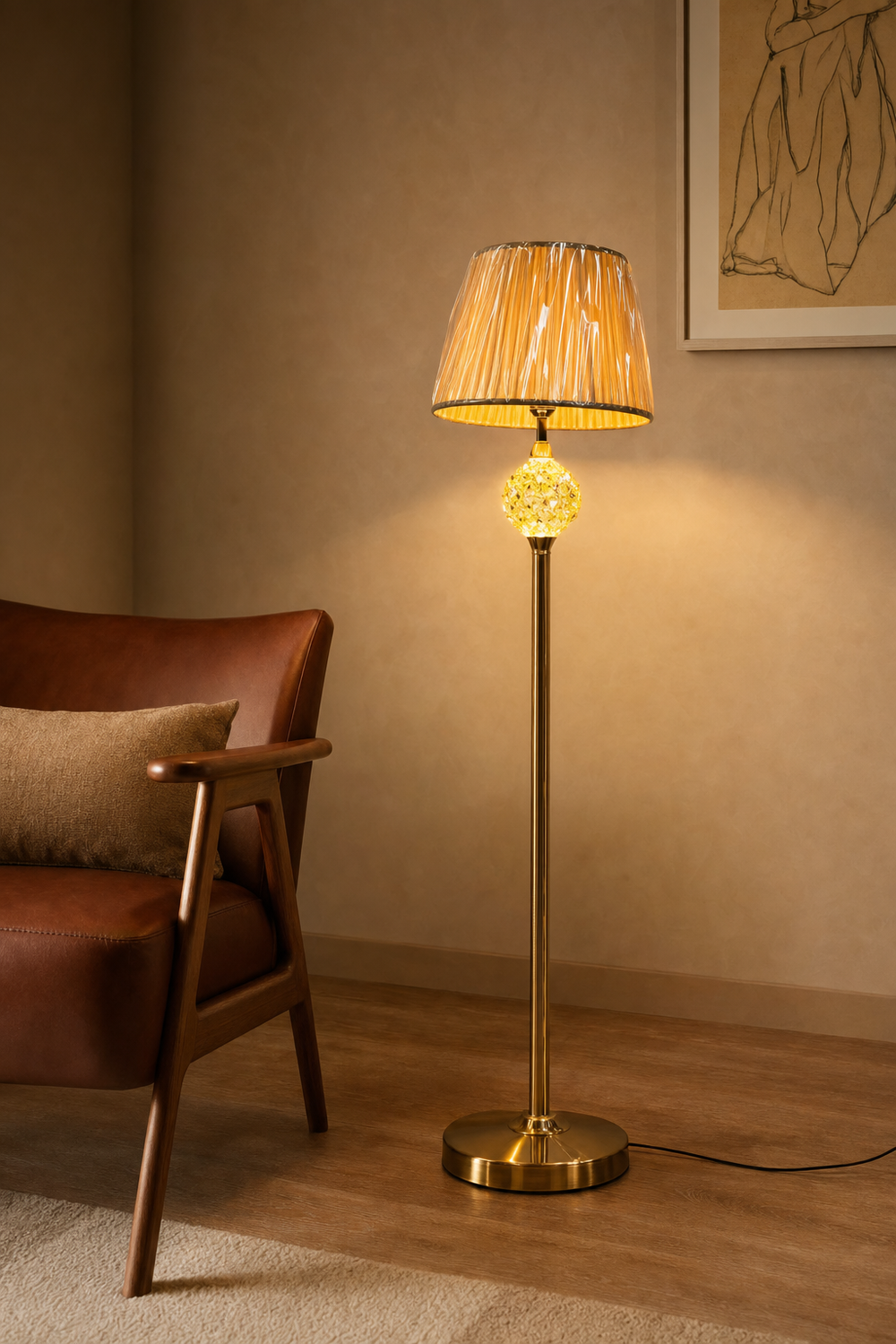 Pleated Shade Floor Lamp with Gold Crystal Ball on Gold Stand