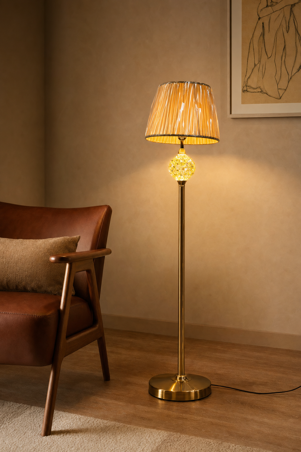 Pleated Shade Floor Lamp with Gold Crystal Ball on Gold Stand
