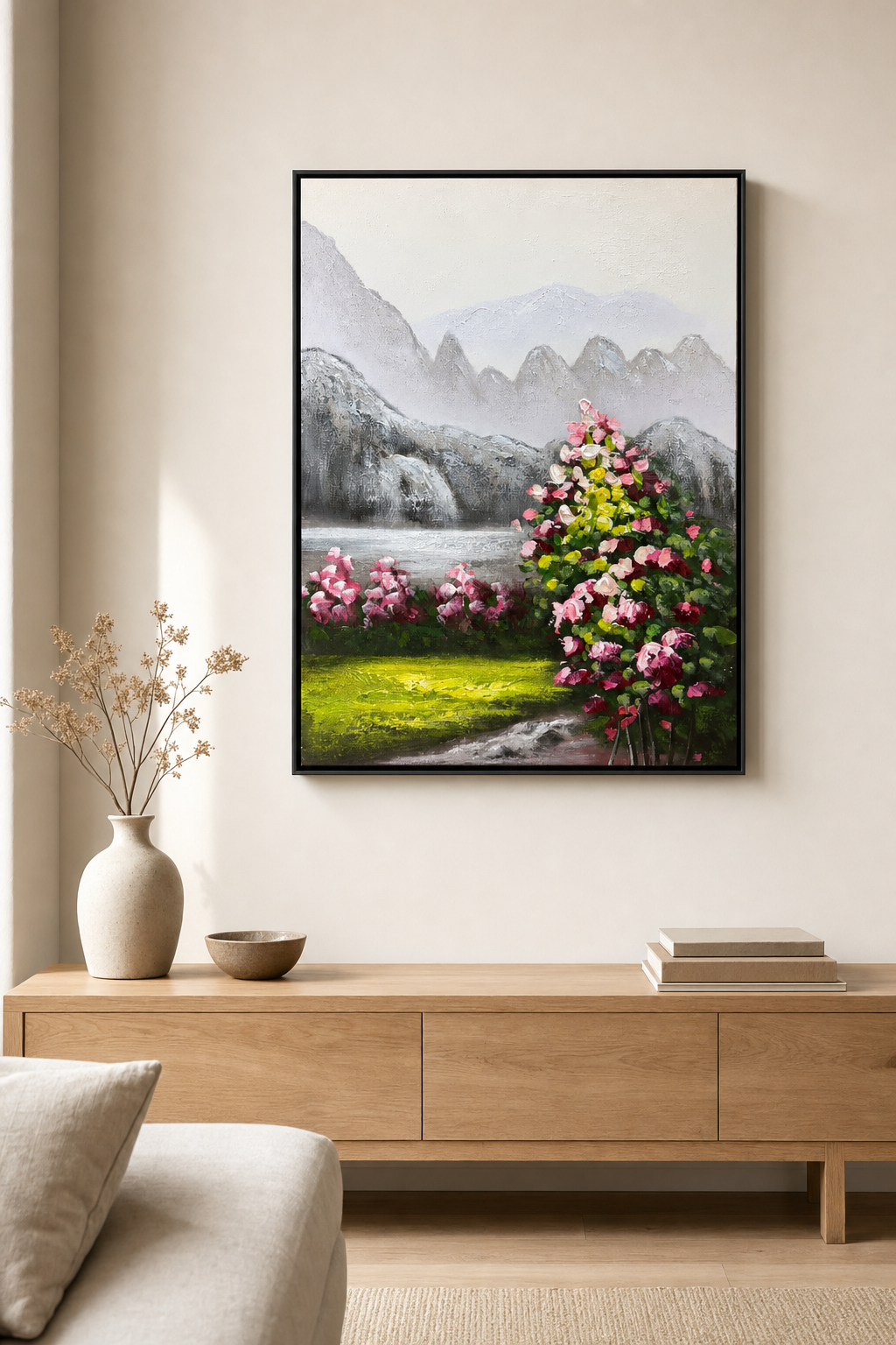 Misty Mountains with Pink Flower Bushes Wall Art