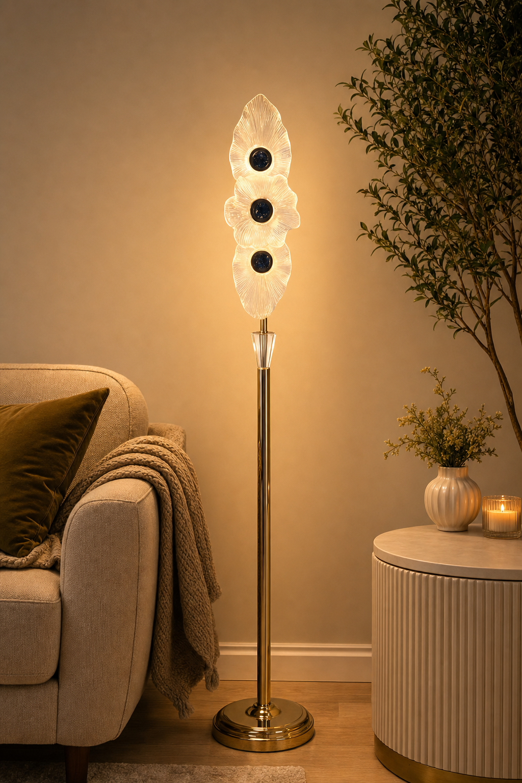 Triple Acrylic Petal-panel Floor Lamp with Blue Accents on Gold Stand