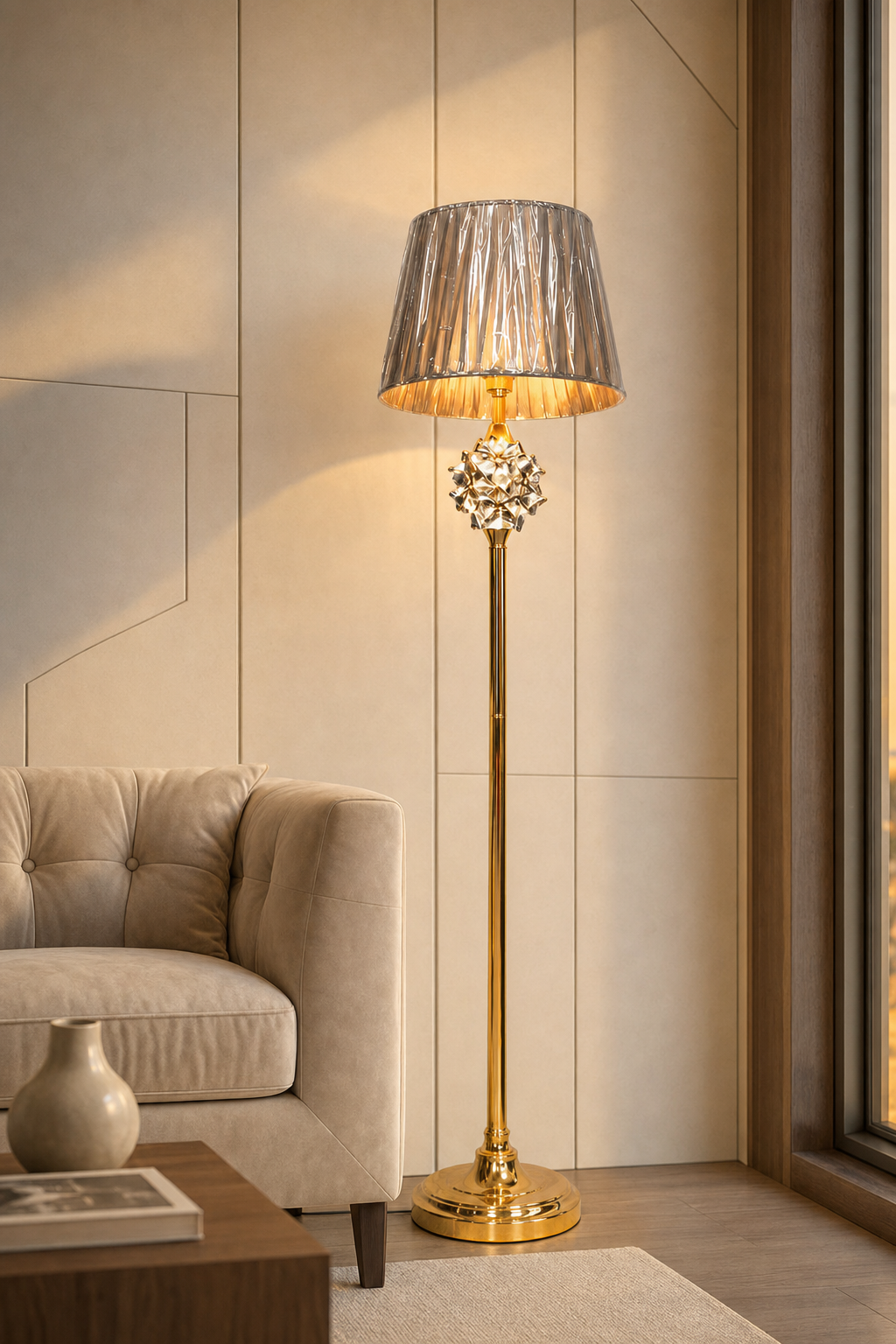 Silver Pleated Shade Floor Lamp with Crystal Ball on Gold Stand