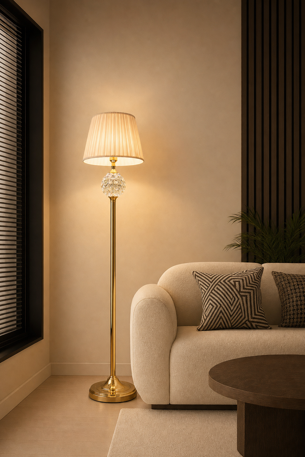Pleated Shade Floor Lamp with Iridescent Crystal Ball on Gold Stand