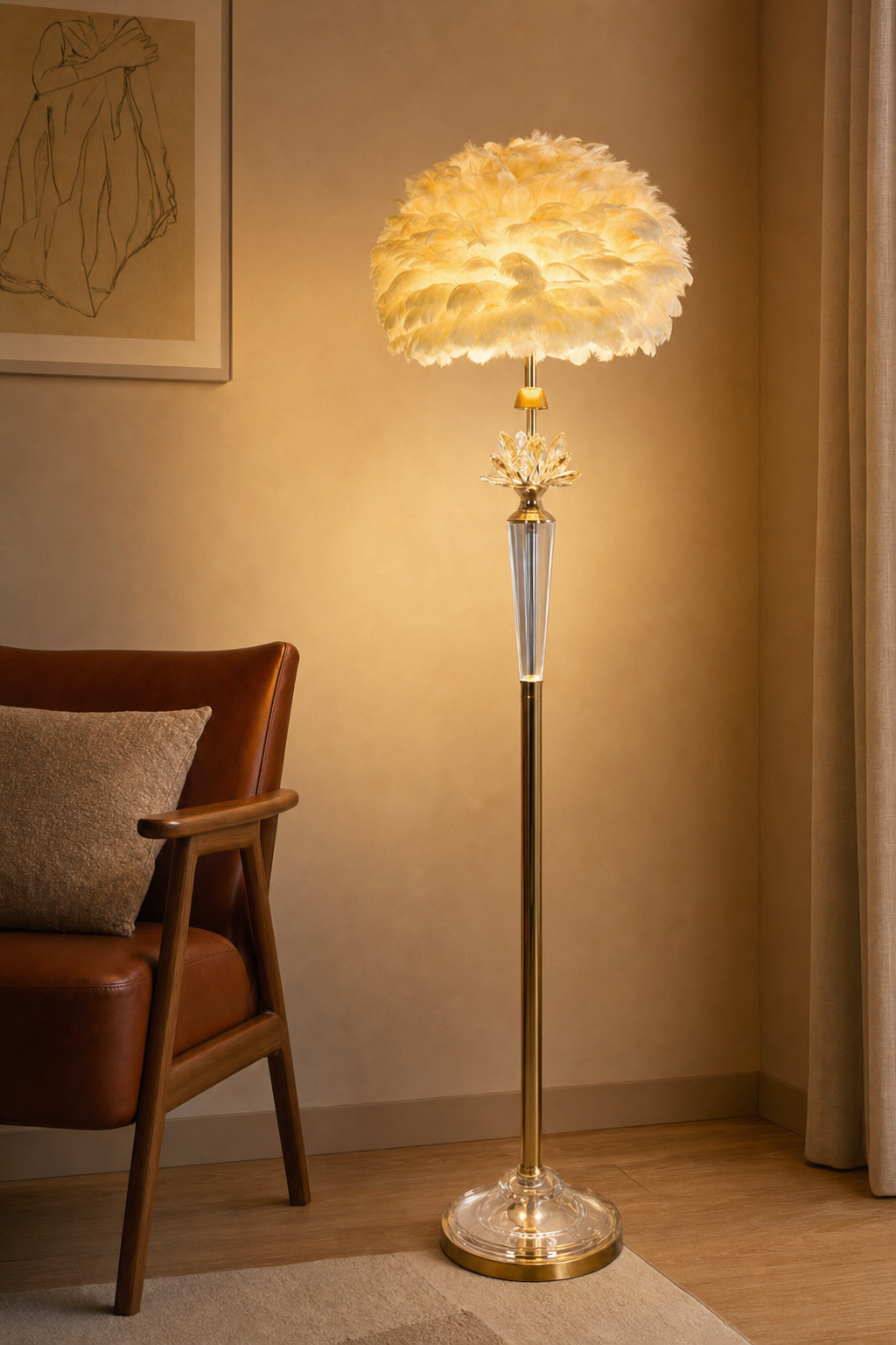 Cream Feather-shade Floor Lamp with Crystal Stem on Gold Base