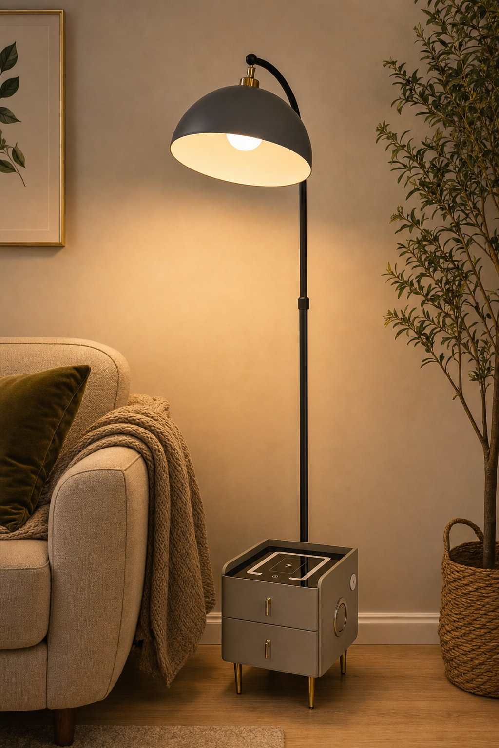 Grey Dome Arc Floor Lamp with Smart Side-table Base