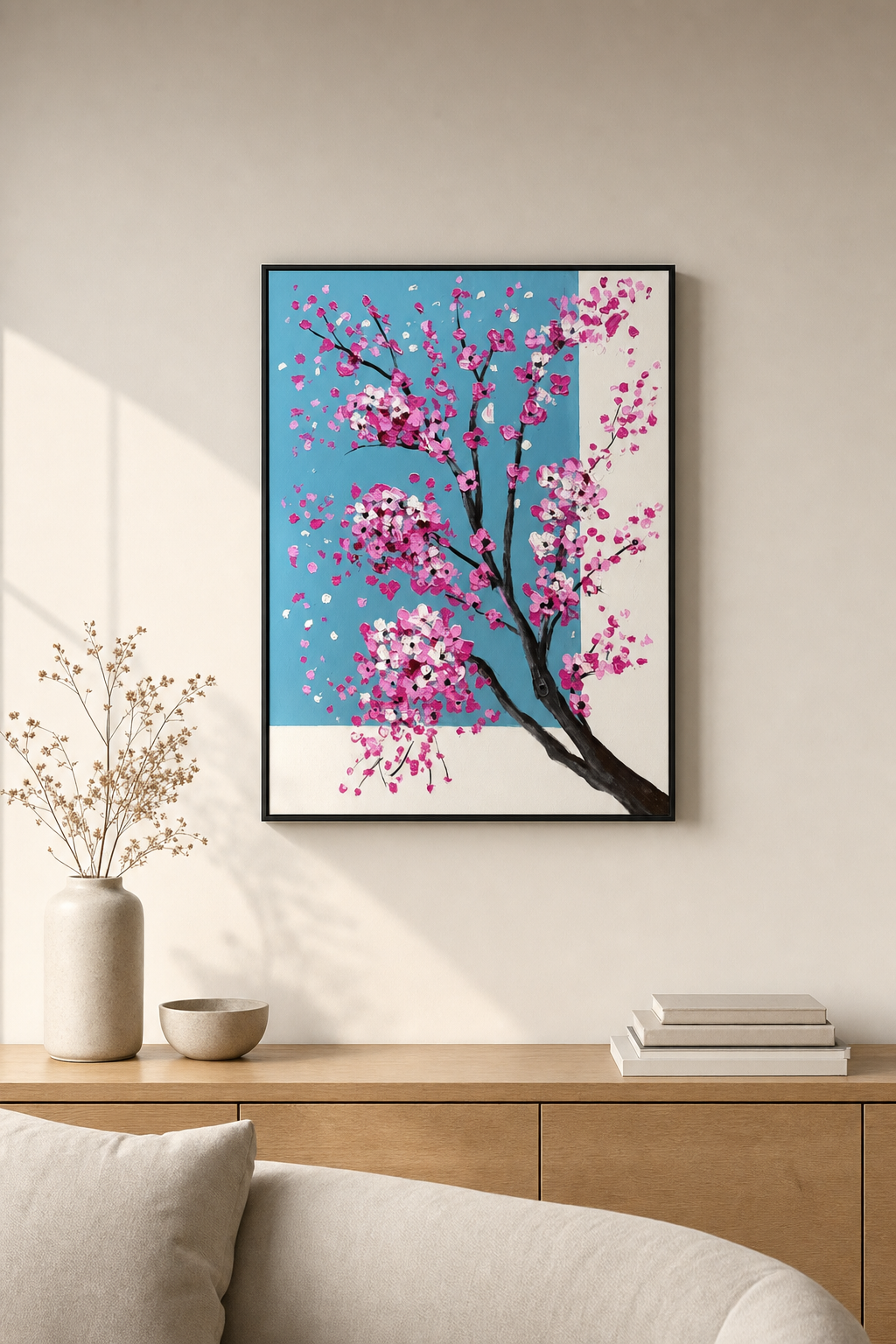 Pink Cherry Blossom Branch on Turquoise Wall Art