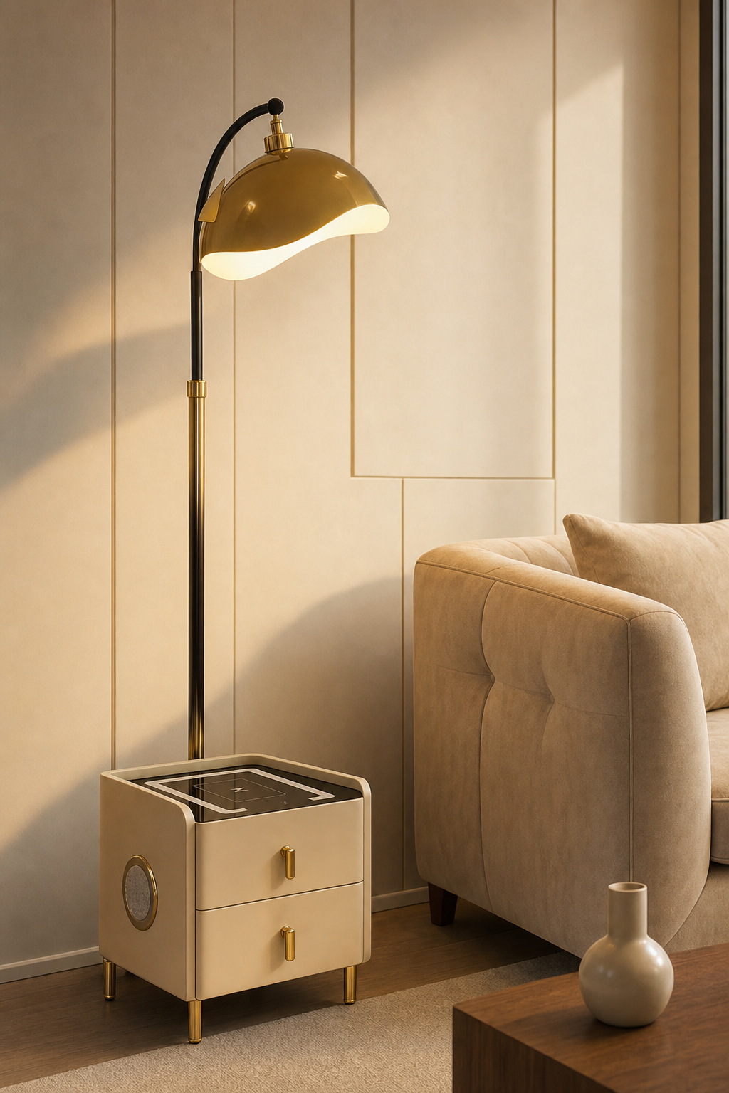 Gold Petal-dome Arc Floor Lamp with Smart Side-table Base