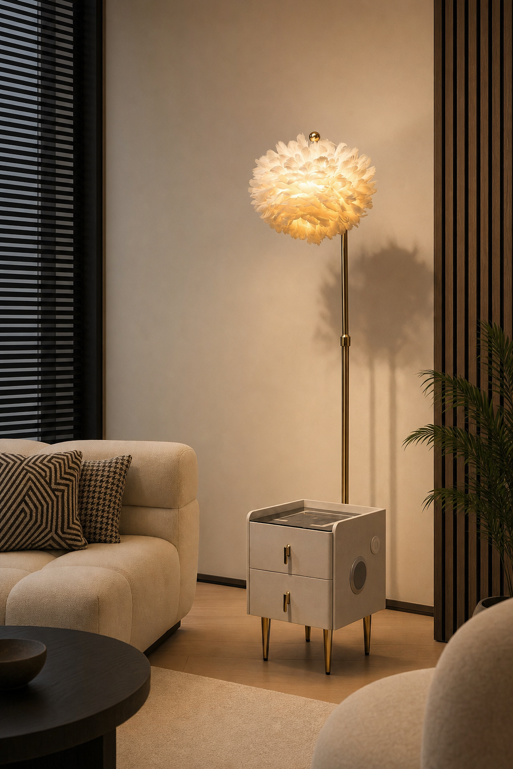 Cream Feather-shade Floor Lamp with Smart Side-table Base