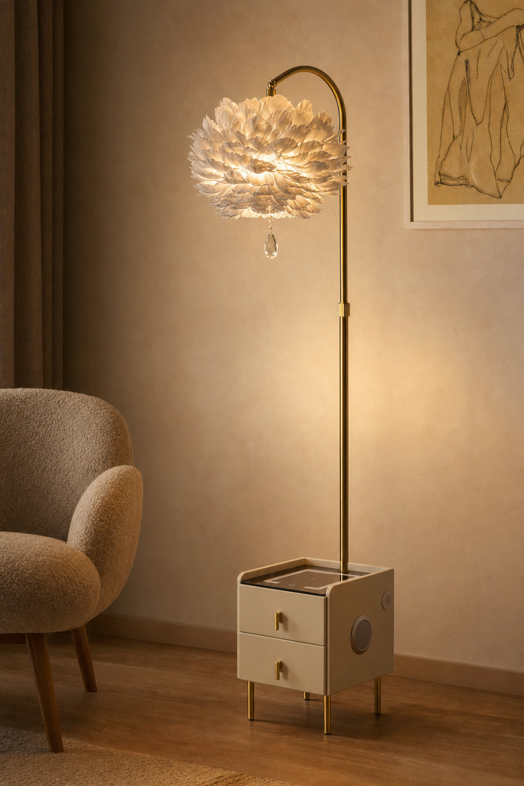 Grey Feather-shade Floor Lamp with Smart Side-table Base