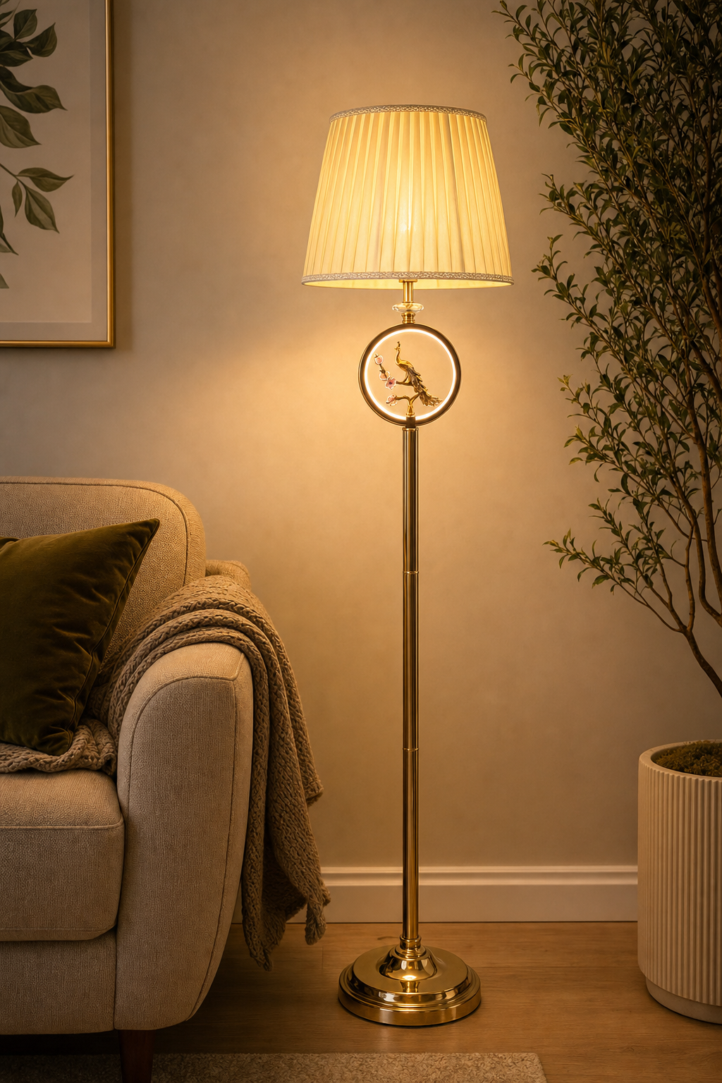 Pleated Shade Floor Lamp with LED Ring Peacock Motif on Gold Stand