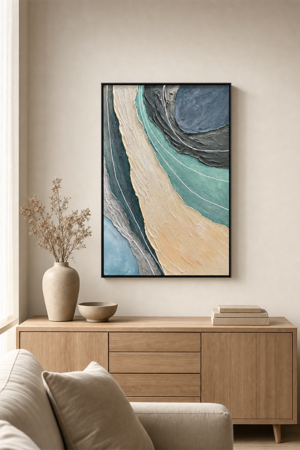 Teal, Grey & Sand Flowing Abstract Wall Art