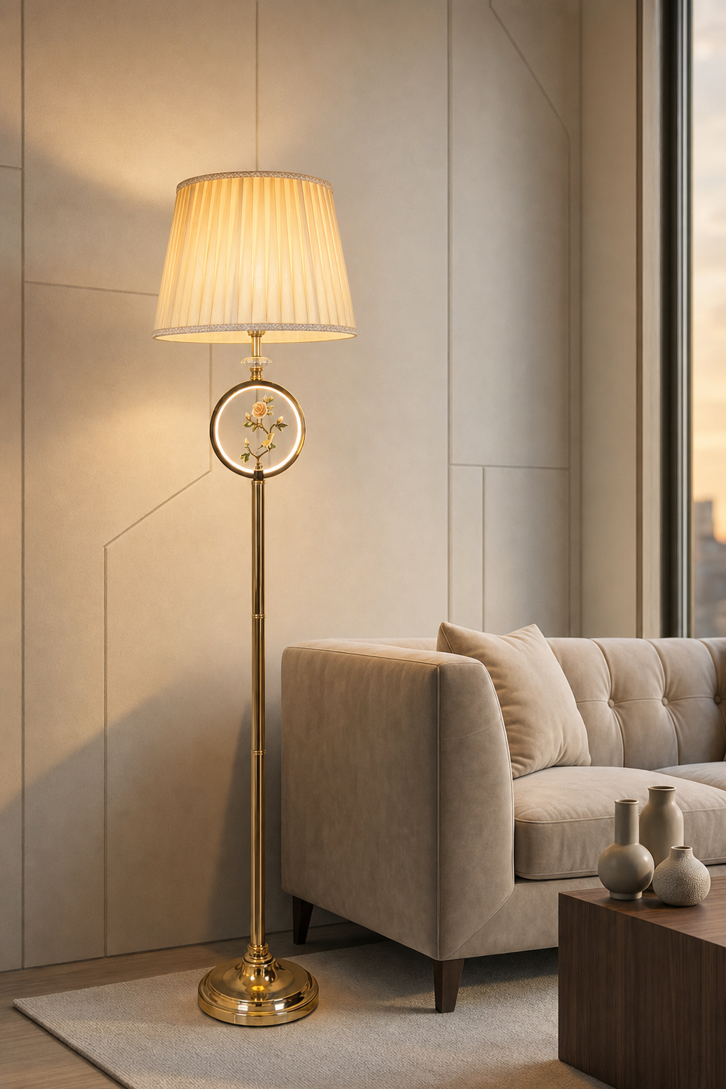 Pleated Shade Floor Lamp with LED Ring Rose-blossom Motif on Gold Stand
