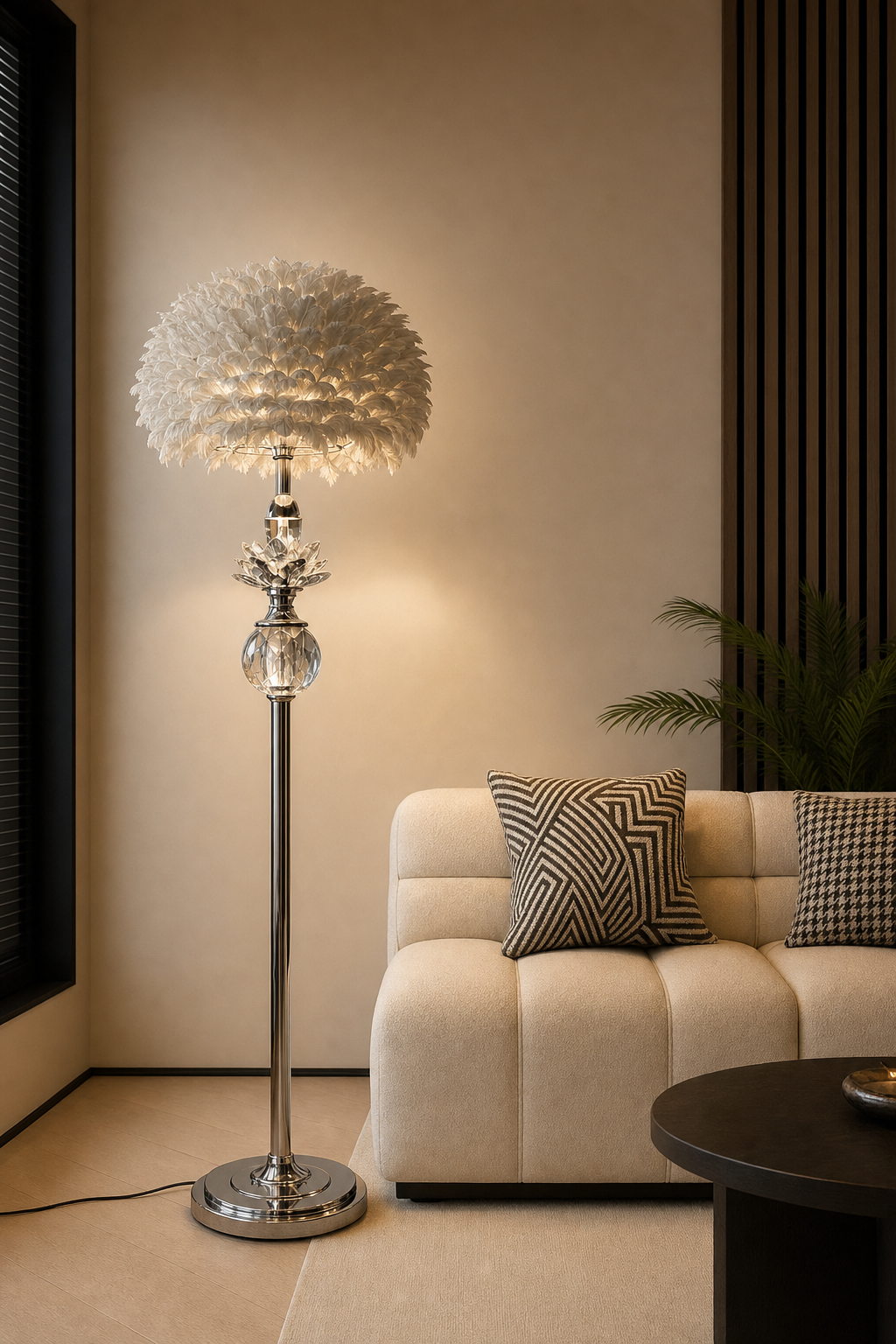Grey Feather-shade Floor Lamp with Crystal Lotus & Ball on Chrome Stand