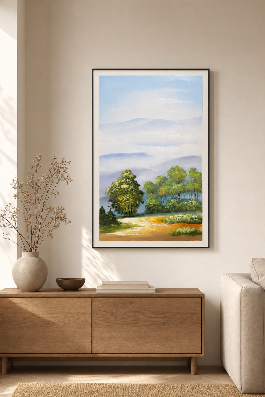 Green Trees & Misty Hills Landscape Wall Art