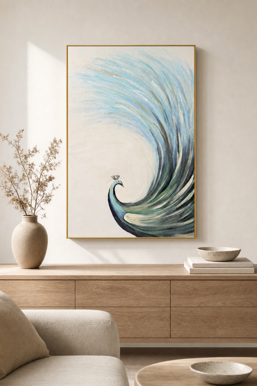 Pale Blue Peacock Tail Swirl Textured Wall Art