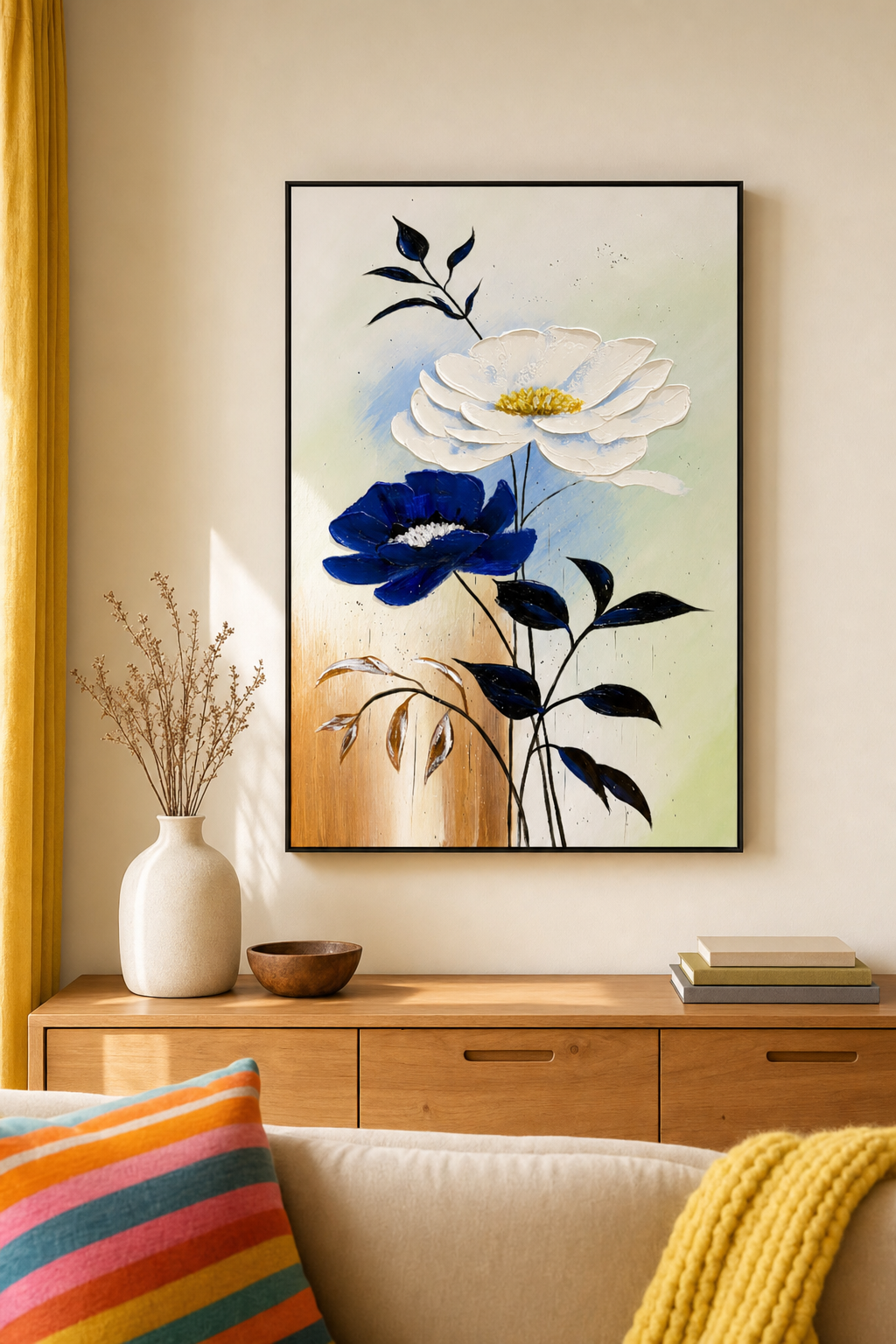 Blue & White Flowers on Pastel Textured Wall Art