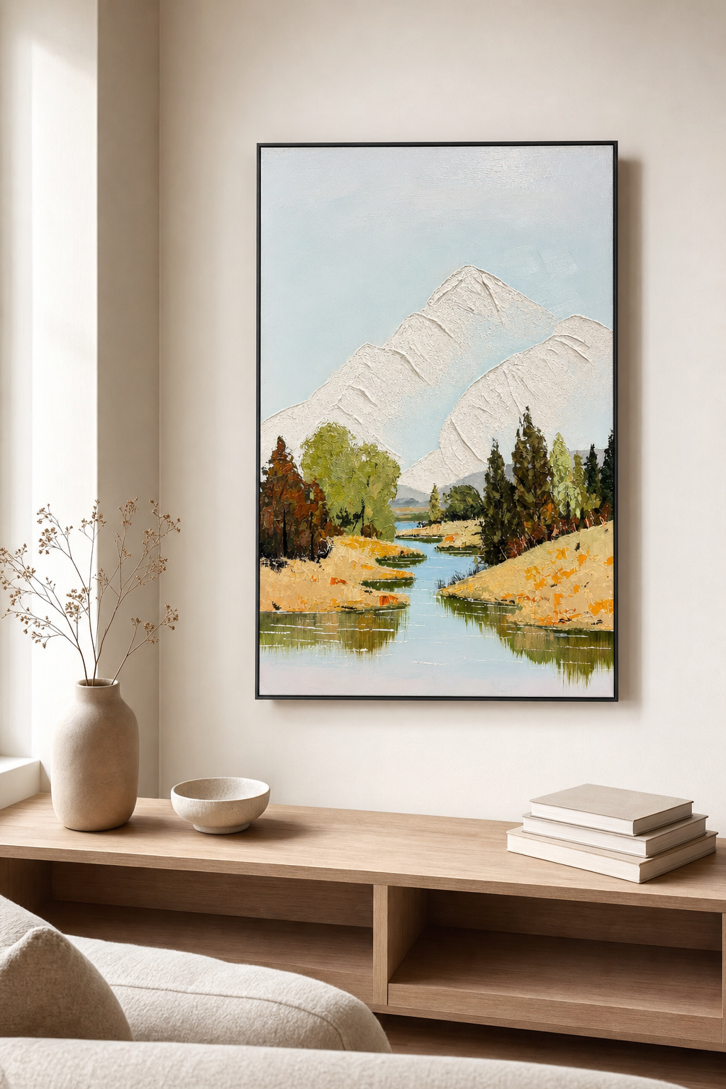 Snowy Mountain & River Forest Landscape Wall Art
