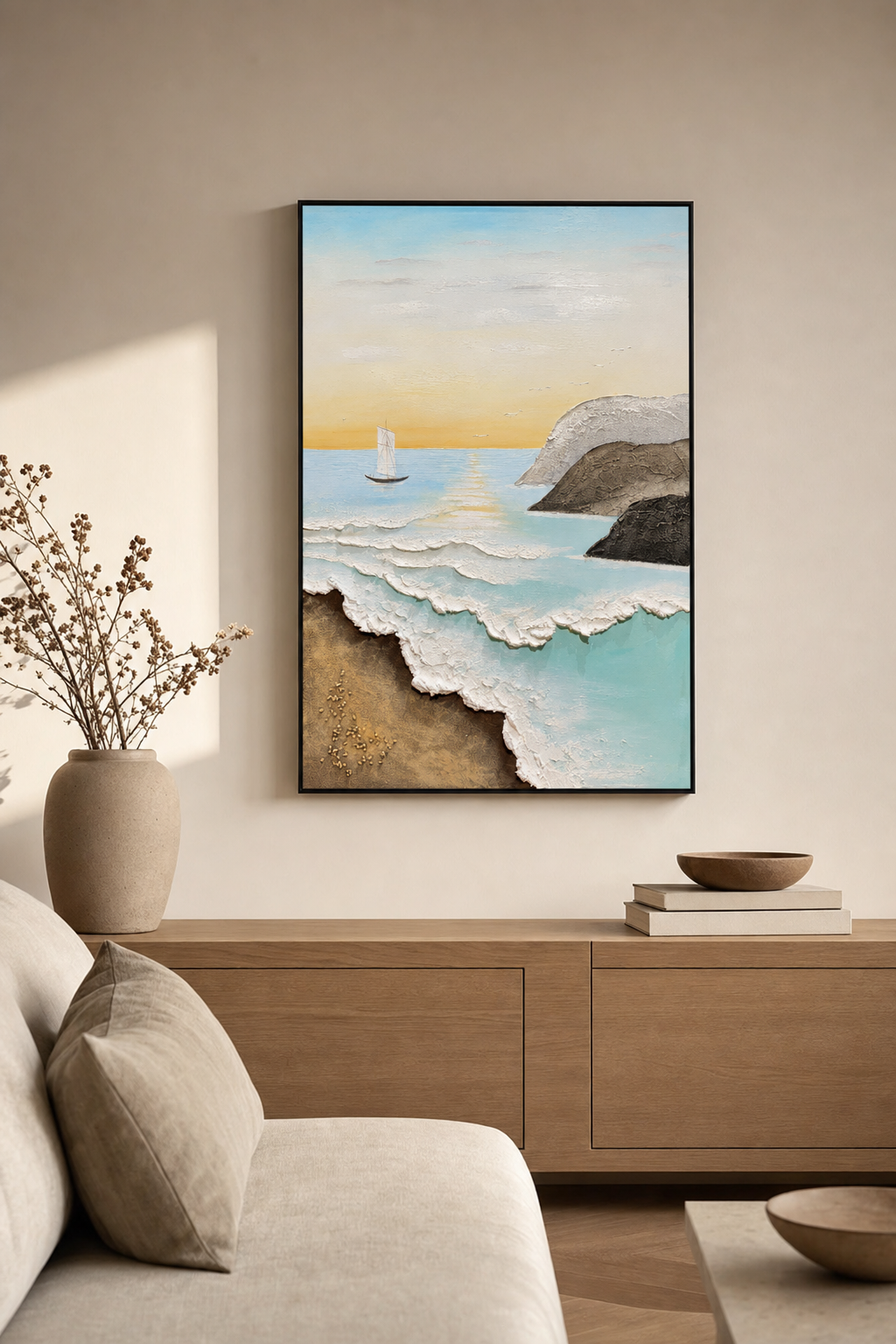 Seashore Waves with Sailboat Textured Wall Art