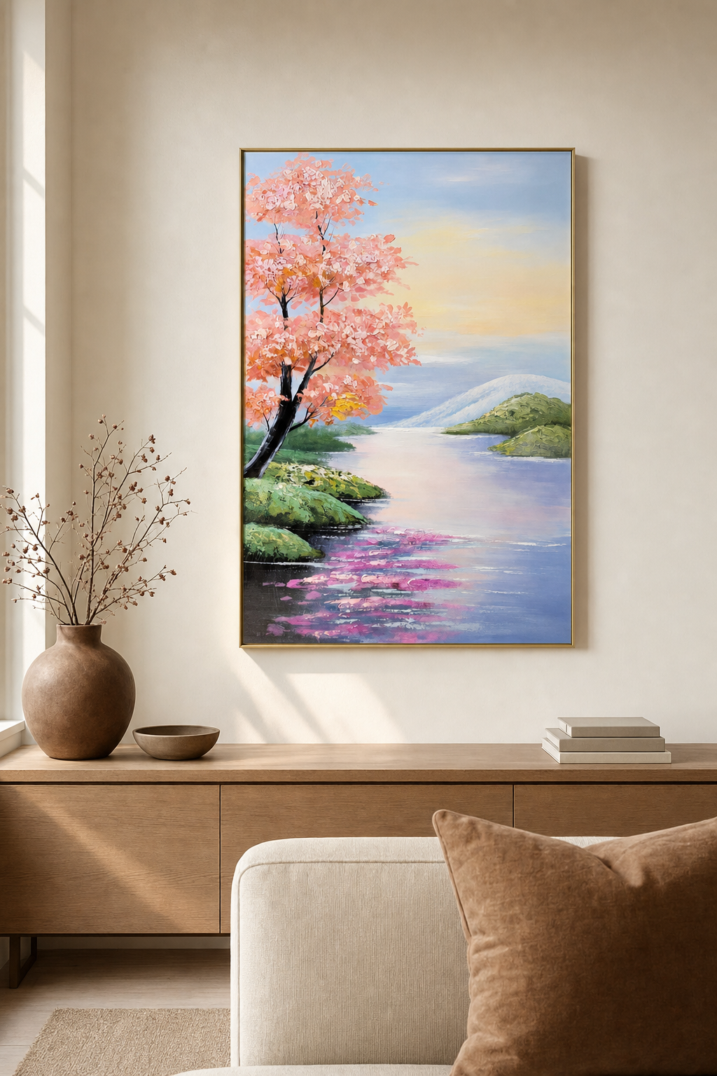 Pink Blossom Tree by Lake Landscape Wall Art