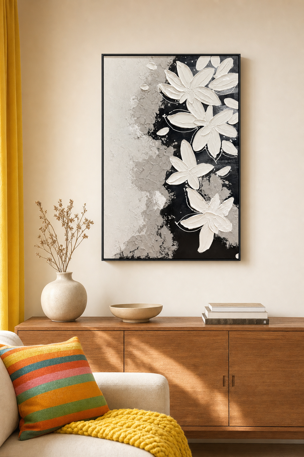 White Flowers on Black & Grey Textured Wall Art