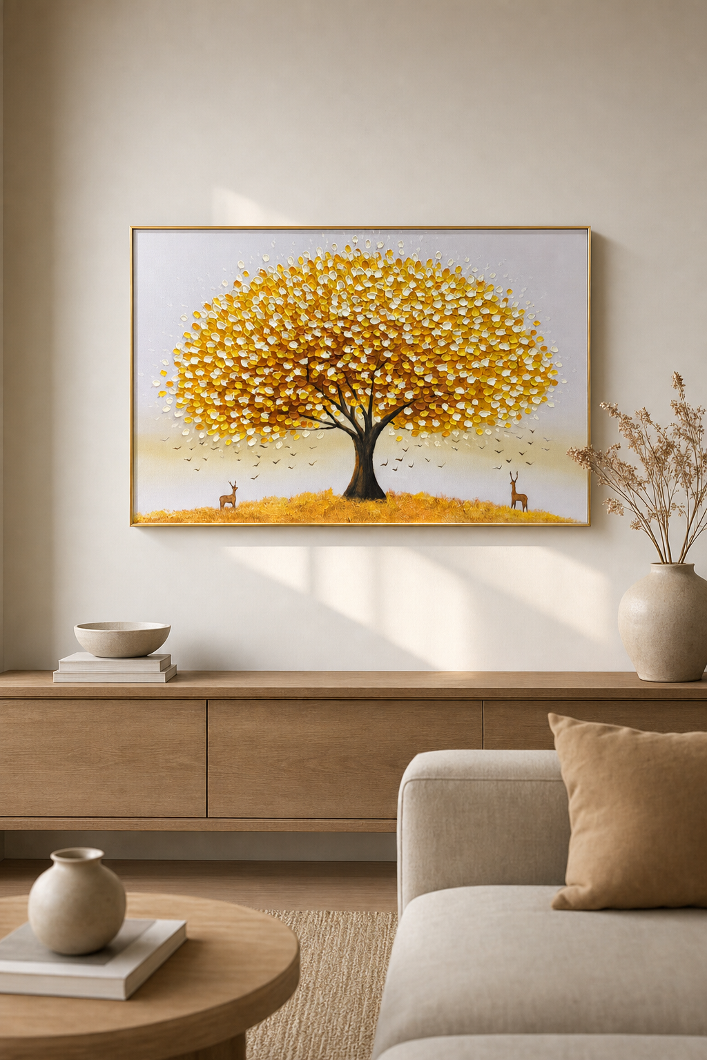 Golden Tree with Deer Textured Wall Art