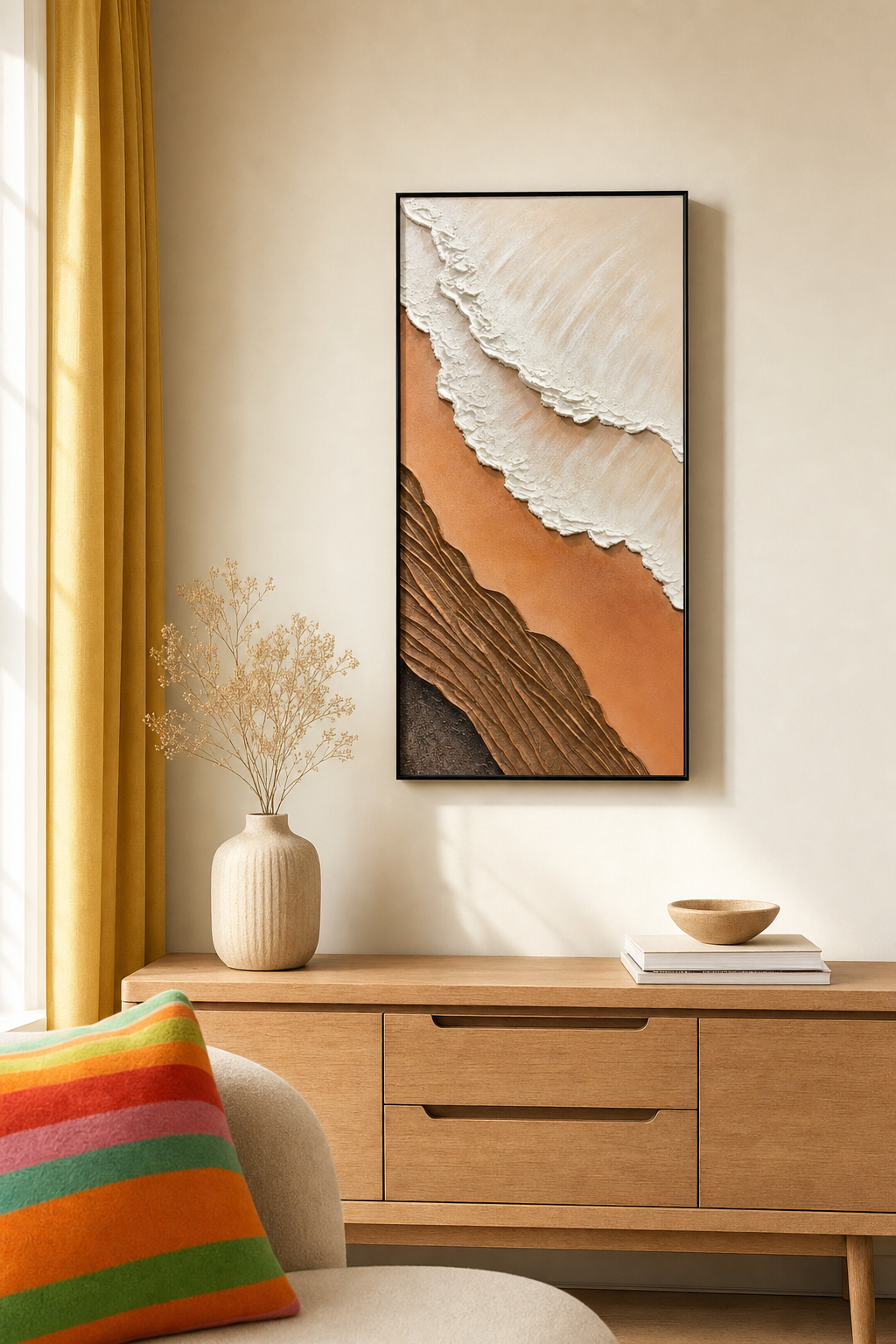White Surf Over Terracotta Waves Textured Wall Art