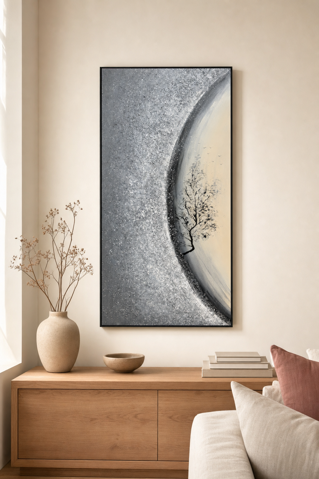 Silver Crescent with Black Tree Textured Wall Art