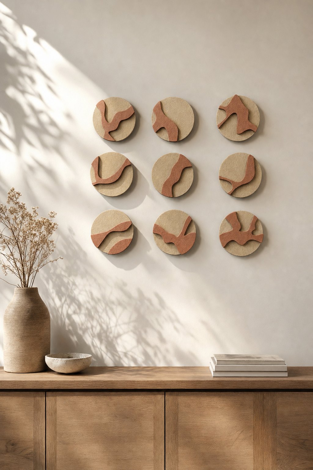 Round Beige Discs with Terracotta Abstract Branches – 9-piece wall art set styled on a living room wall above a wooden sideboard