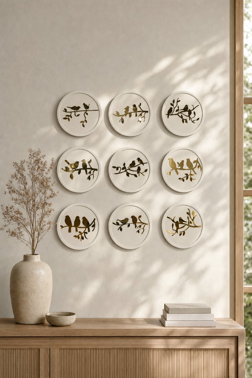 Round Bird-on-branch Wall Discs – Cream – 9-piece wall art set styled on a living room wall above a wooden sideboard