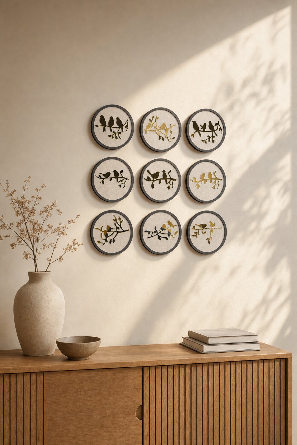 Round Bird-on-branch Wall Discs – Grey rim – 9-piece wall art set styled on a living room wall above a wooden sideboard