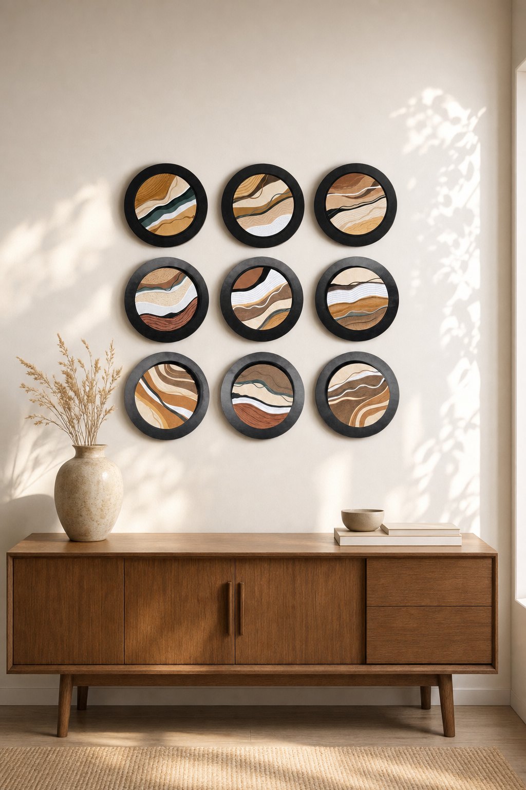 Round Black-rim Wall Art with Layered Earth-tone Waves – 9-piece wall art set styled on a living room wall above a wooden sideboard