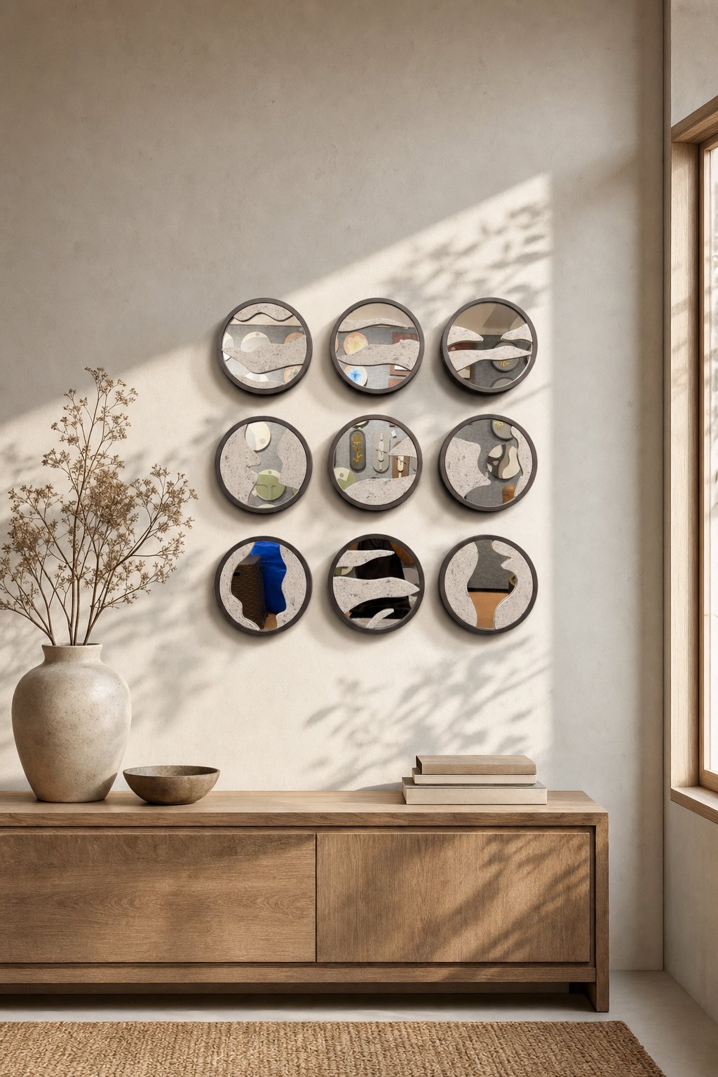 Round Dark-rim Discs with Mirror & Speckled Organic Shapes – 9-piece wall art set styled on a living room wall above a wooden sideboard