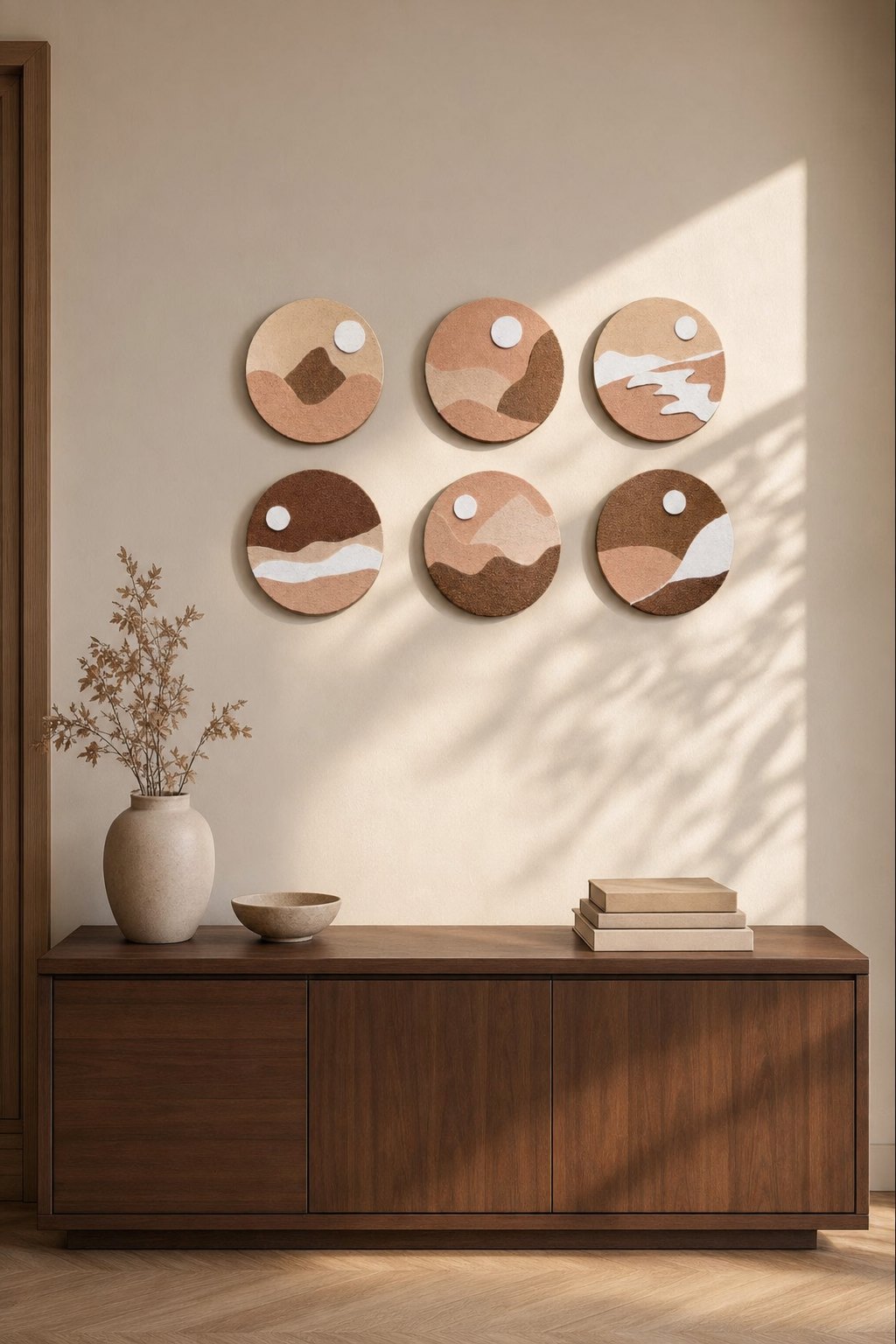 Round Layered Landscape Discs in Brown, Peach & White – 6-piece wall art set styled on a living room wall above a wooden sideboard