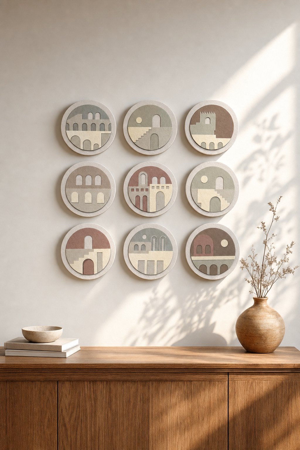 Round Pastel Architectural Arch & Stair Discs – 9-piece wall art set styled on a living room wall above a wooden sideboard