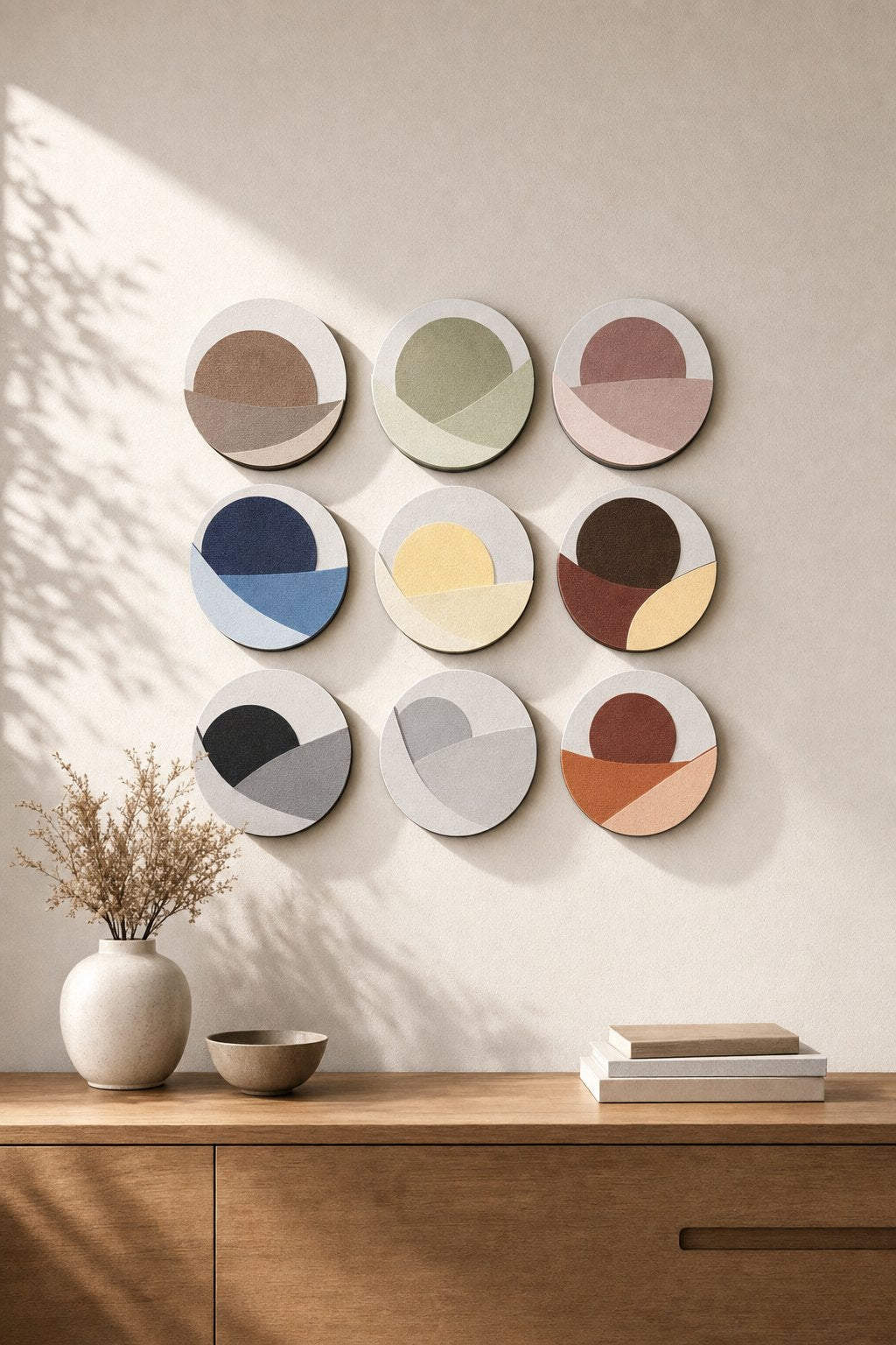 Round Pastel Sun & Horizon Discs – 9-piece wall art set styled on a living room wall above a wooden sideboard