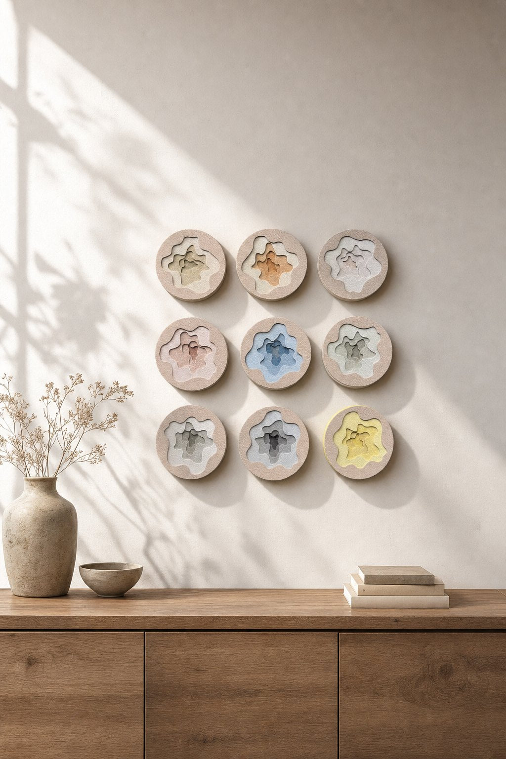 Round Pink Discs with Layered Pastel Cut-outs – 9-piece wall art set styled on a living room wall above a wooden sideboard