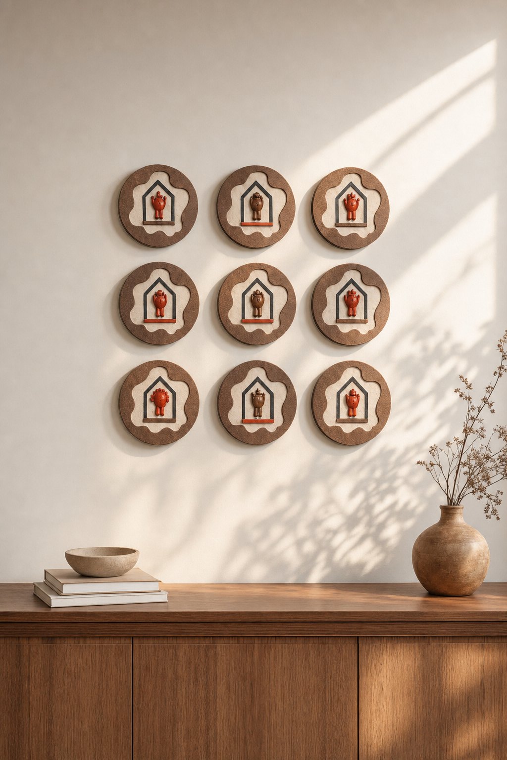 Round Scalloped Brown Discs with House Motif & Red Figurine – 9-piece wall art set styled on a living room wall above a wooden sideboard