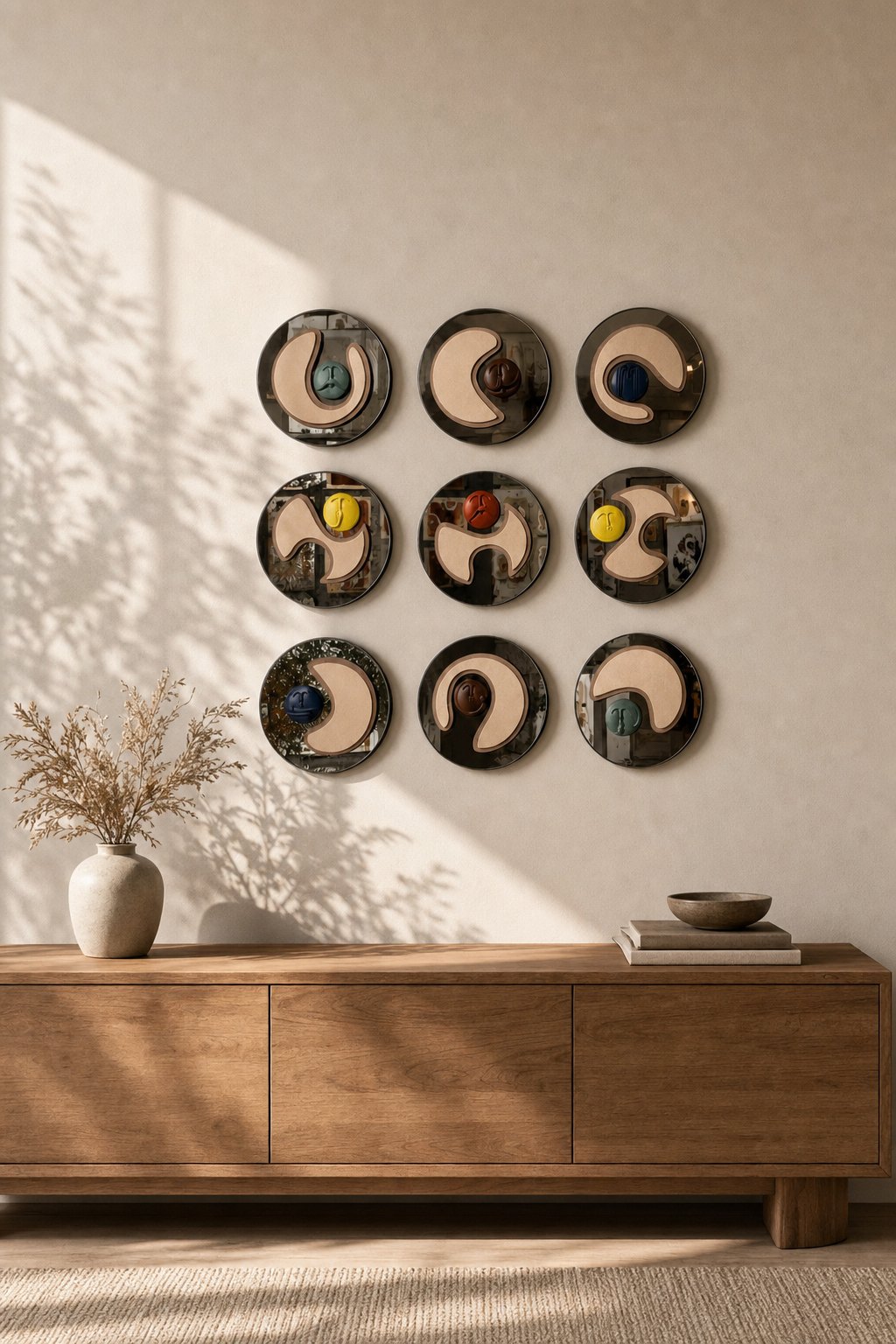 Round Smoked-mirror Discs with Beige Shapes & Small Masks – 9-piece wall art set styled on a living room wall above a wooden sideboard