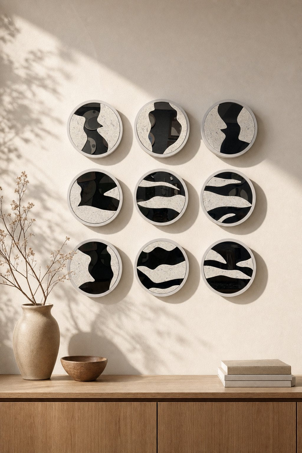 Round Speckled Discs with Black Mirror Organic Shapes – 9-piece wall art set styled on a living room wall above a wooden sideboard