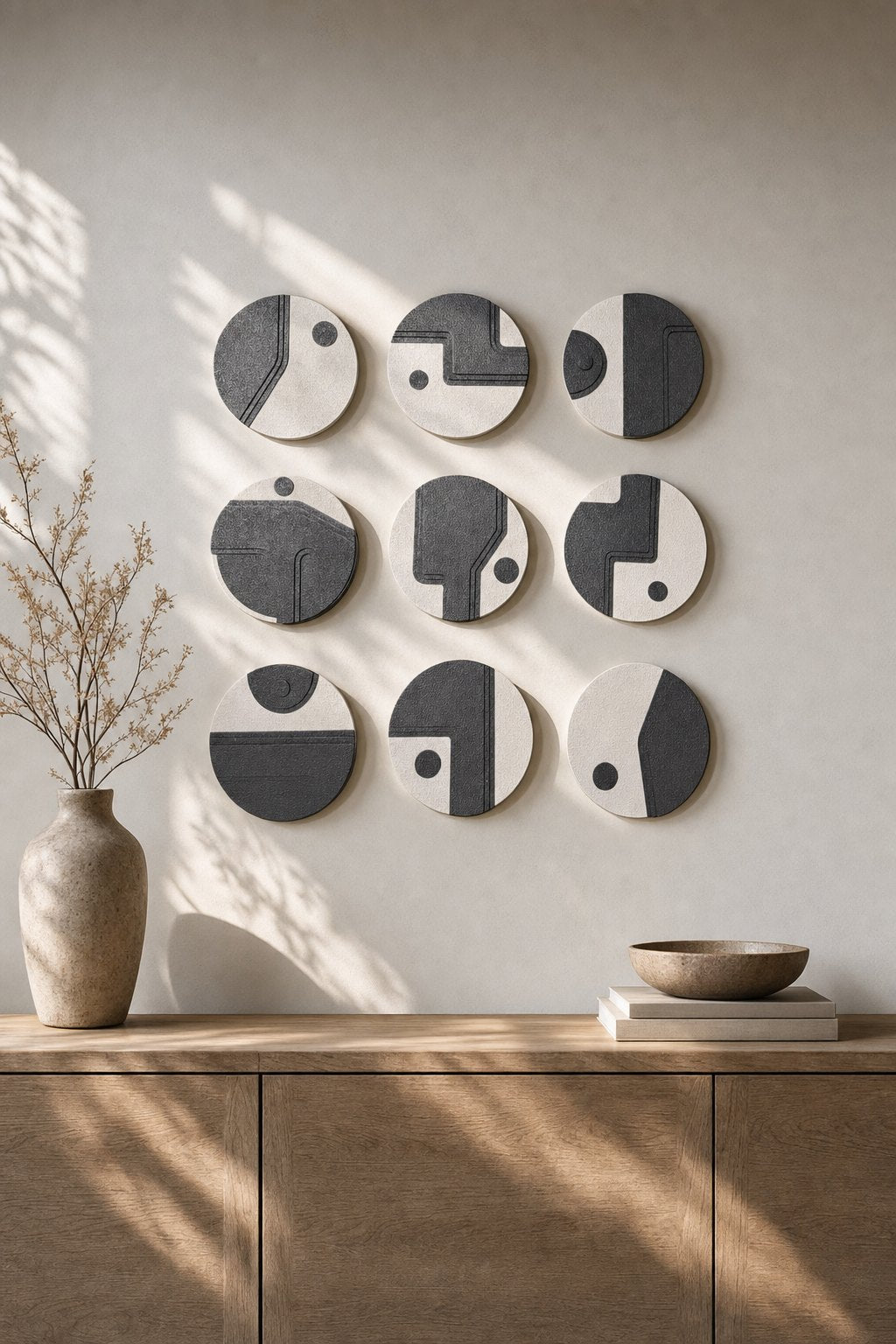 Round White & Charcoal Geometric Discs – 9-piece wall art set styled on a living room wall above a wooden sideboard