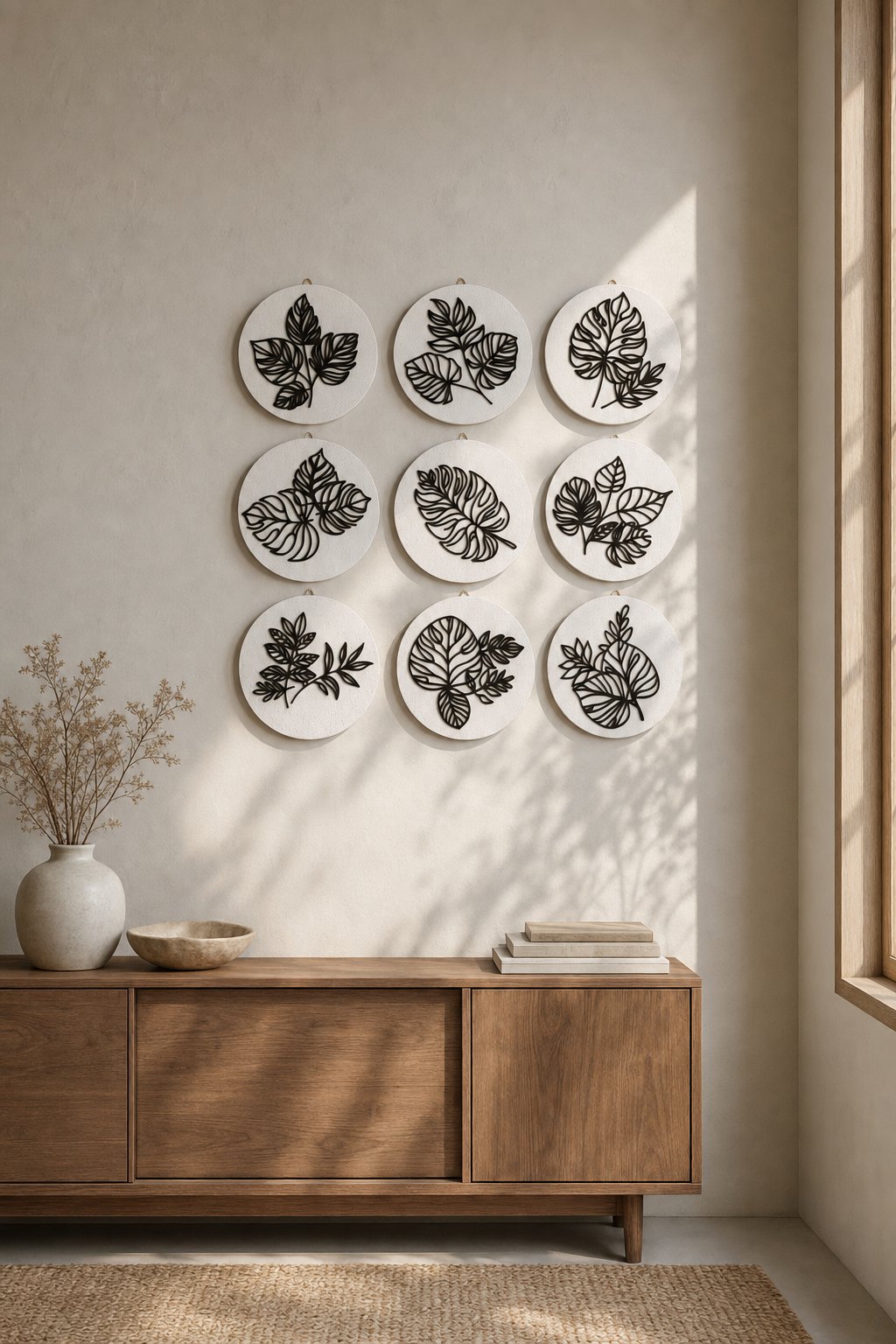 Round White Panels with Black Leaf Cut-outs – 9-piece wall art set styled on a living room wall above a wooden sideboard