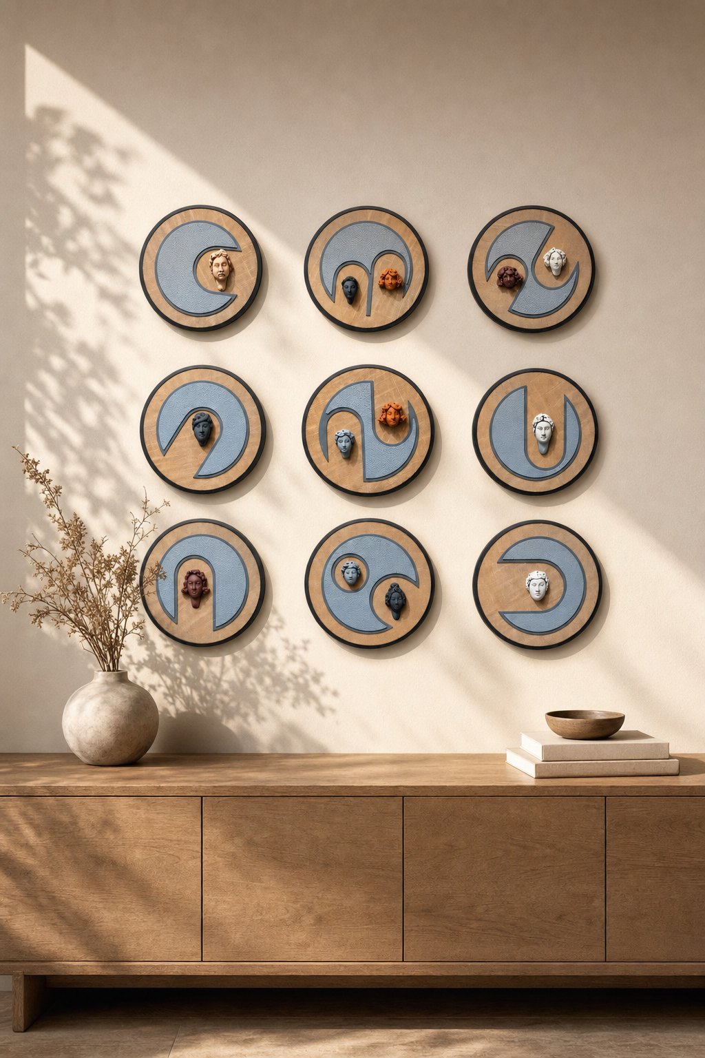 Round Wood & Blue Relief Wall Art with Sculpted Faces – 9-piece wall art set styled on a living room wall above a wooden sideboard