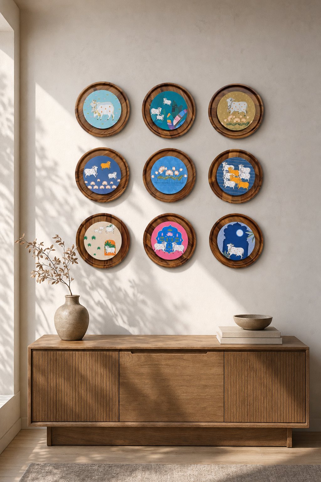 Round Wood-framed Pichwai-style Cow Paintings – 9-piece wall art set styled on a living room wall above a wooden sideboard