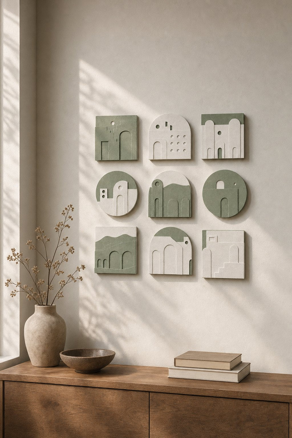 Sage & Cream Architectural Arch Panels – 9-piece wall art set styled on a living room wall above a wooden sideboard