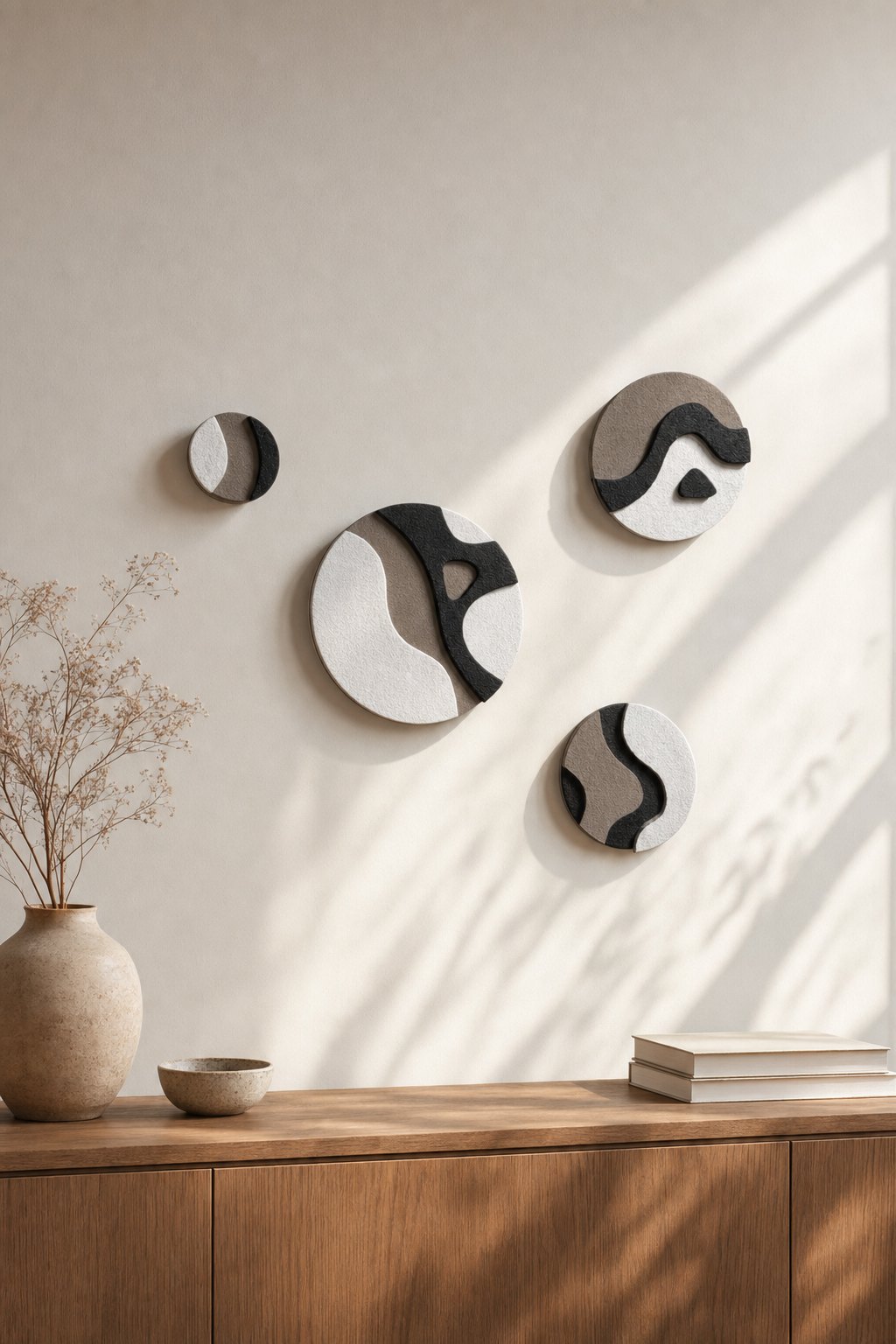 Set of Round Abstract Discs in White, Taupe & Black – 4-piece wall art set styled on a living room wall above a wooden sideboard