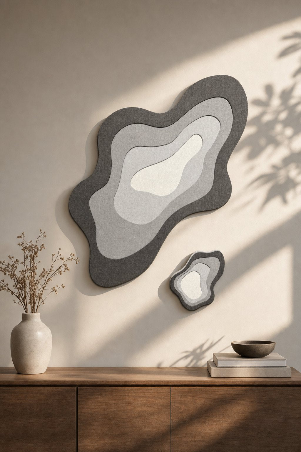 Set of Two Layered Grey Organic Shapes – 2-piece wall art set styled on a living room wall above a wooden sideboard