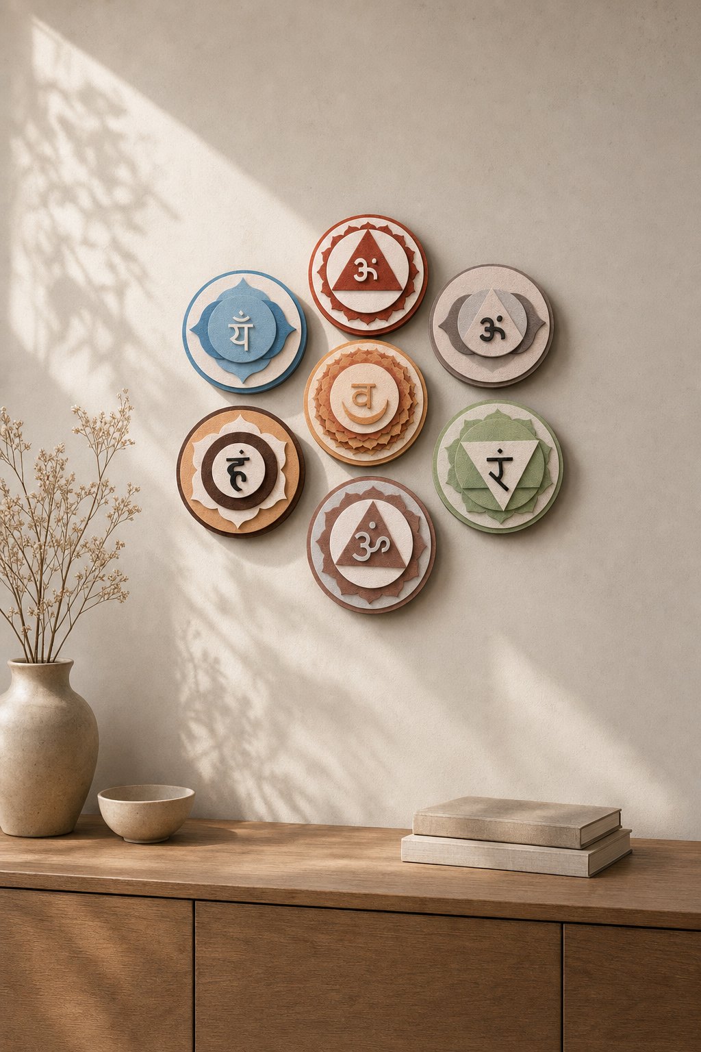 Seven Chakra Mantra Round Discs – 7-piece wall art set styled on a living room wall above a wooden sideboard