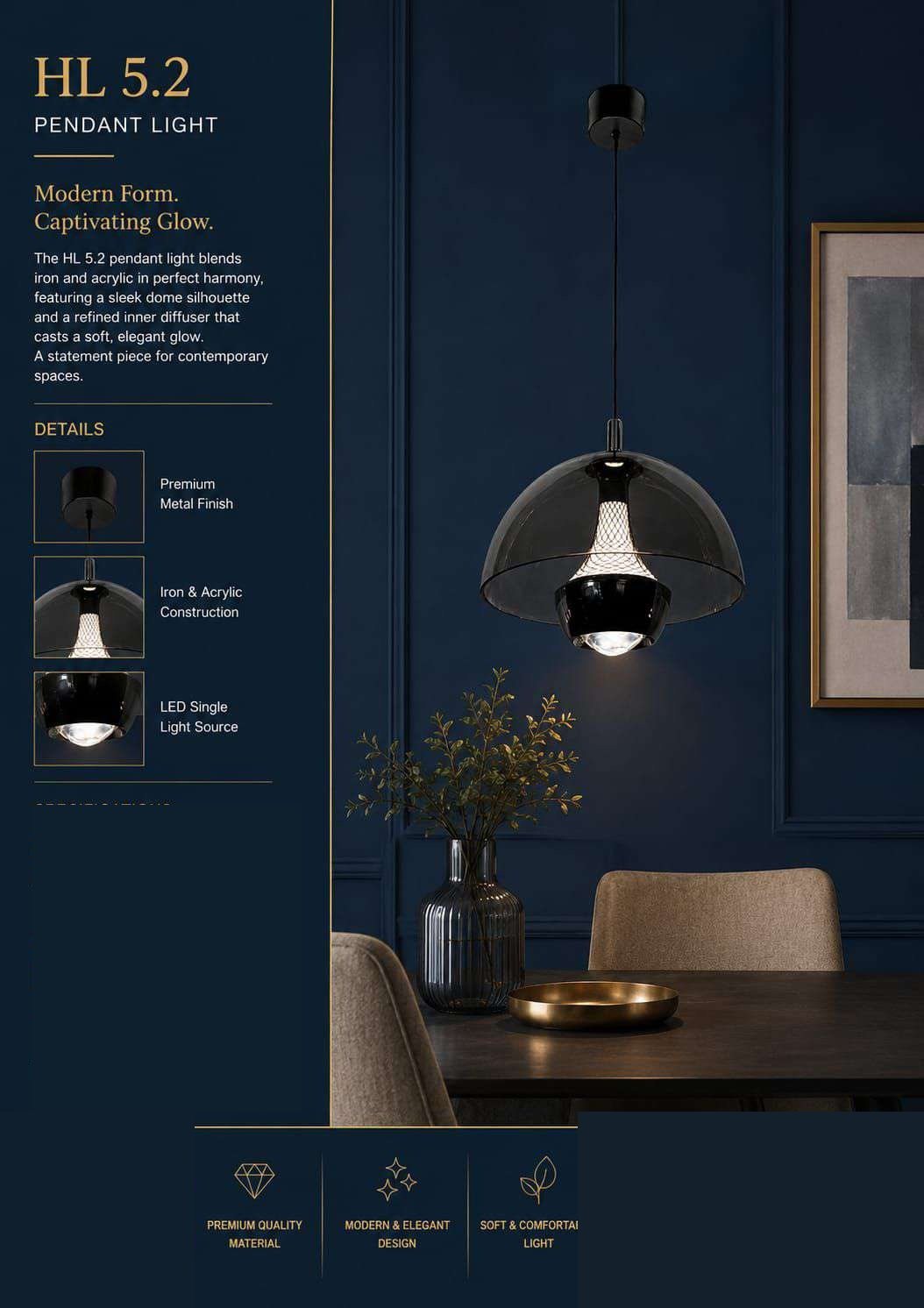 Acrylic Dome Pendant Light – Matte Black