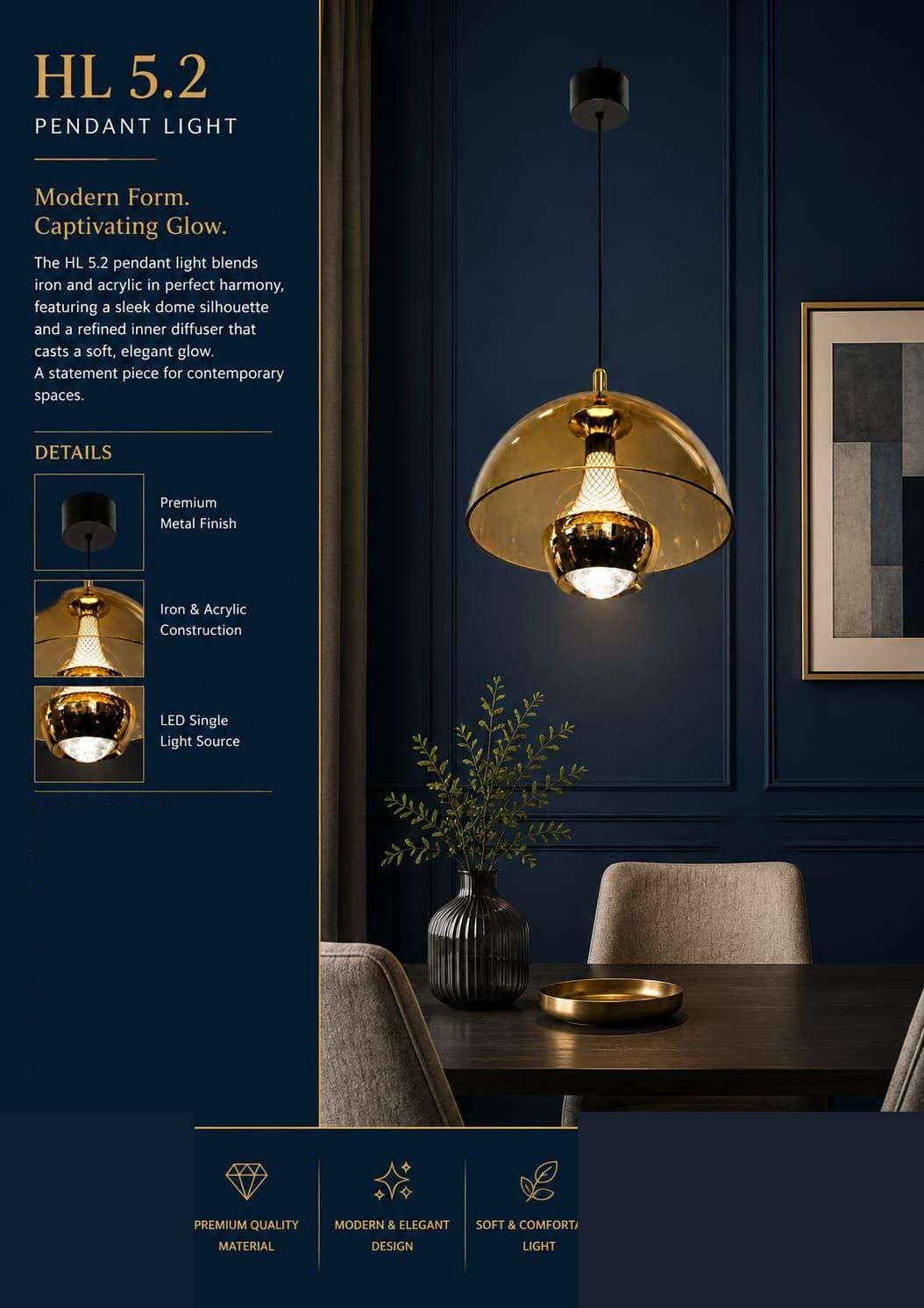 Acrylic Dome Pendant Light – Black & Gold